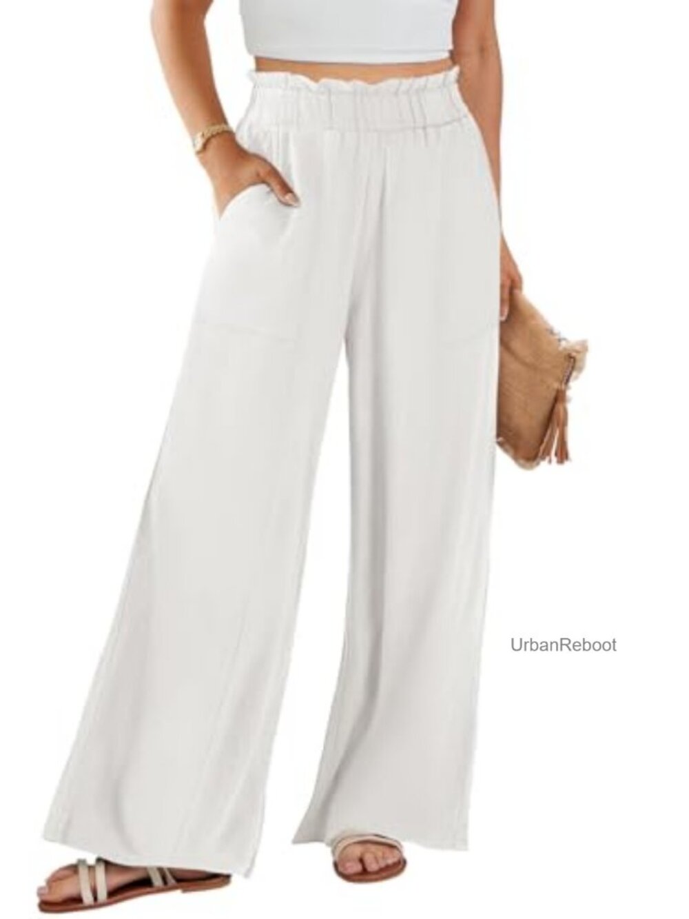 Linen Palazzo Pants High Waist Wide Leg Flowy Beach Trousers